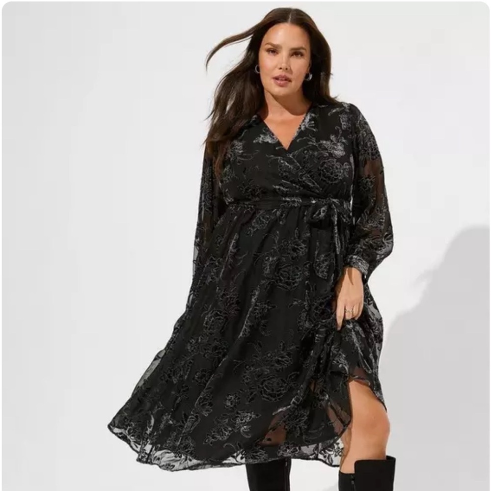 Torrid Midi Burnout Velour Blouson Surplice Dress